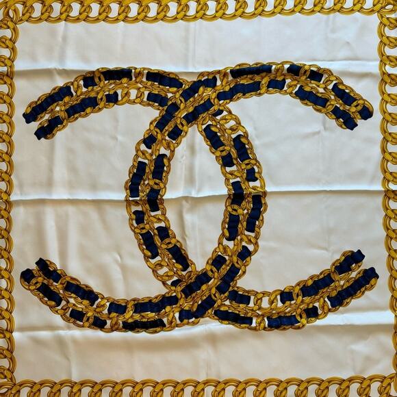 Chanel 100% Silk Scarf – Interlocking CC Logo – 34” x 34” – Neutrals - Picture 4 of 9